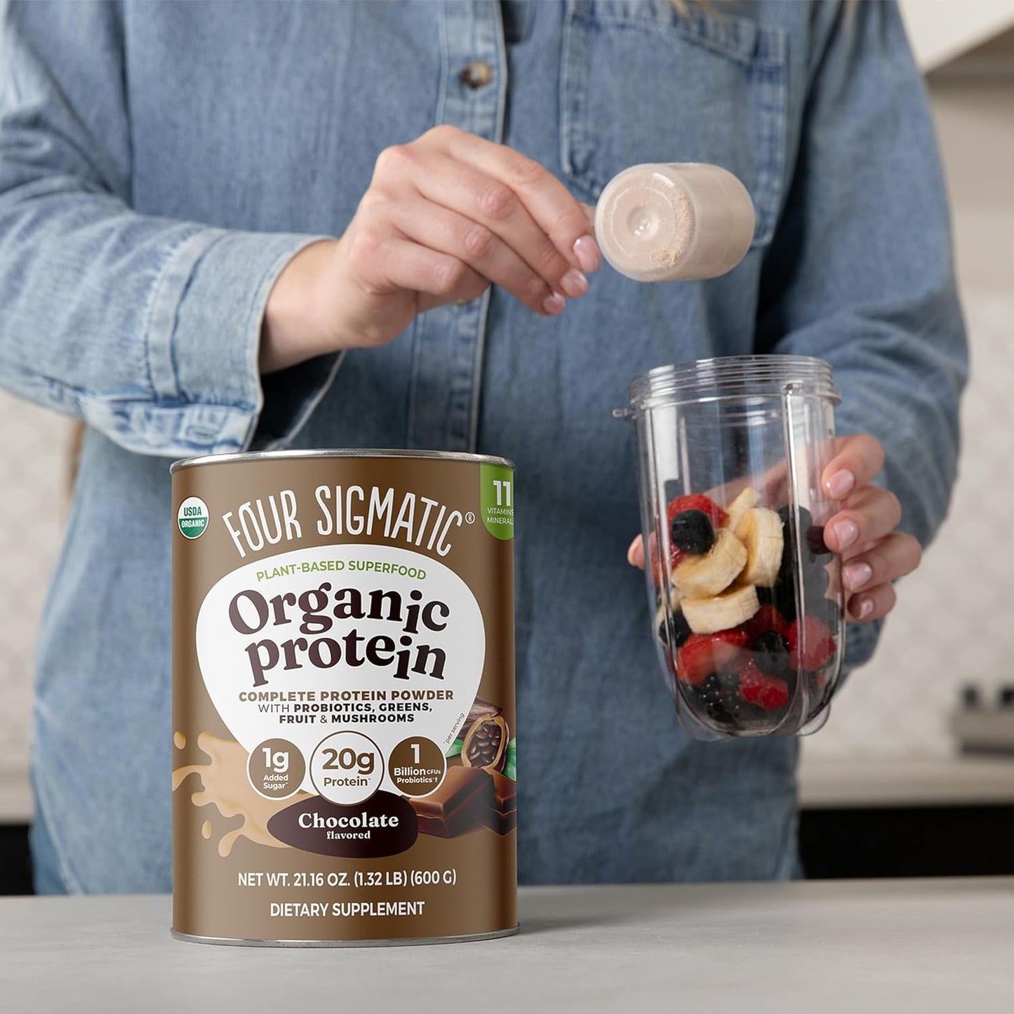 Transform Your Health with Creamy Cacao Organic Plant-Based Protein Powder - Infused with Brain-Boosting Mushrooms and Immune-Enhancing Adaptogens | 21.16 Oz