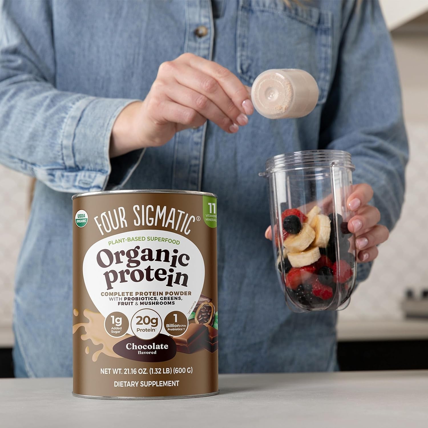 Transform Your Health with Creamy Cacao Organic Plant-Based Protein Powder - Infused with Brain-Boosting Mushrooms and Immune-Enhancing Adaptogens | 21.16 Oz