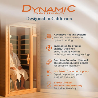 Experience Ultimate Relaxation: DYNAMIC SAUNAS Barcelona 1-2 Person Low EMF FAR Infrared Sauna with Red Light Therapy & Bluetooth Speakers - Perfect for Home & Gym, Crafted from Premium Canadian Hemlock