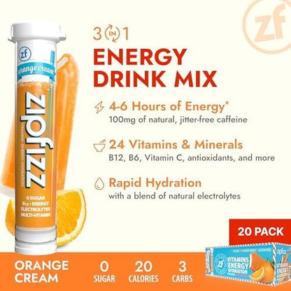 Energize Your Day with Zipfizz Daily Energy Drink Powder - Orange Cream Flavor, 20 Pack | 3-in-1 Boost of Sustained Energy, Hydration & Essential Vitamins | Sugar-Free & Packed with Antioxidants
