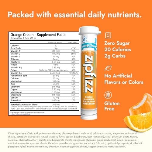 Energize Your Day with Zipfizz Daily Energy Drink Powder - Orange Cream Flavor, 20 Pack | 3-in-1 Boost of Sustained Energy, Hydration & Essential Vitamins | Sugar-Free & Packed with Antioxidants