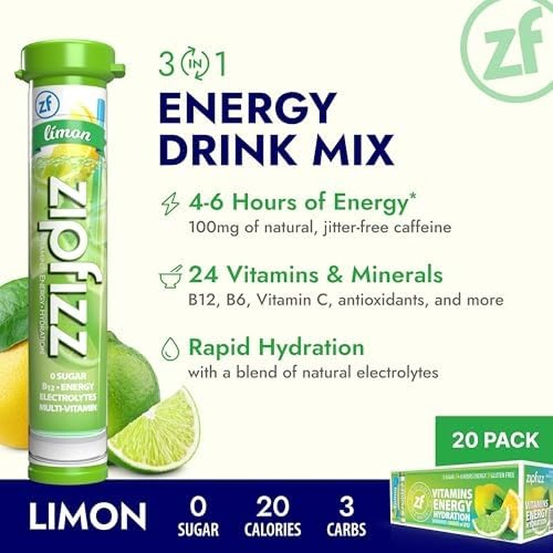 Daily Energy Drink Powder, Limon, 20 Pack | 3-In-1 Sustained Energy, Rapid Hydration, and Essential Vitamins | Sugar-Free | Electrolyte Powder | Contains Vitamin B-12 & Antioxidants