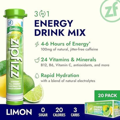 Daily Energy Drink Powder, Limon, 20 Pack | 3-In-1 Sustained Energy, Rapid Hydration, and Essential Vitamins | Sugar-Free | Electrolyte Powder | Contains Vitamin B-12 & Antioxidants