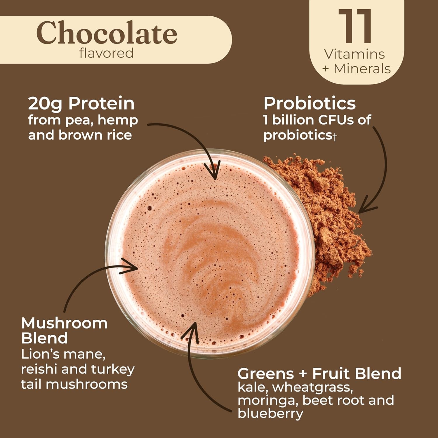 Transform Your Health with Creamy Cacao Organic Plant-Based Protein Powder - Infused with Brain-Boosting Mushrooms and Immune-Enhancing Adaptogens | 21.16 Oz