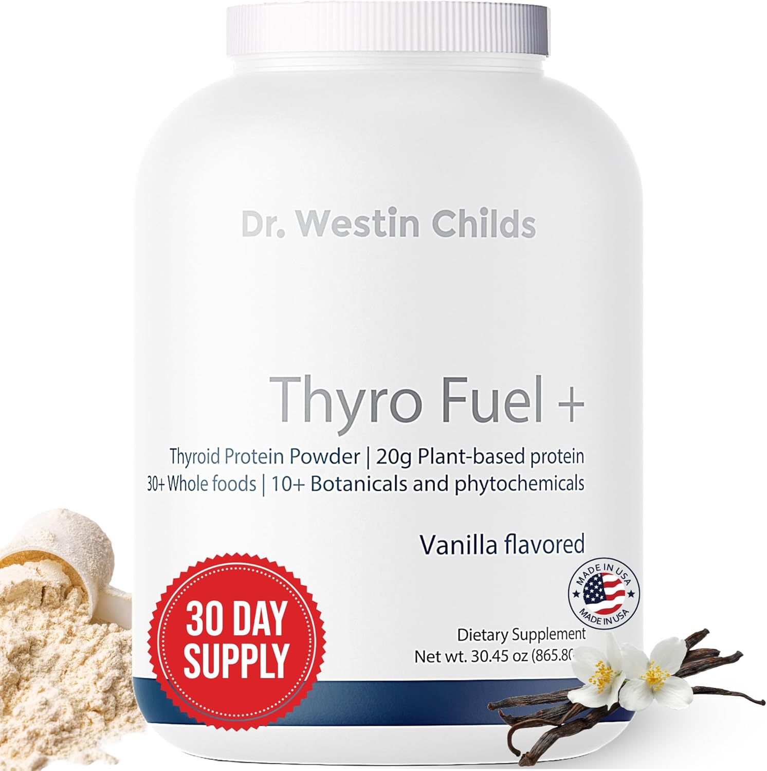 Thyro Fuel+ Pea Protein Powder for Women - Ultimate Thyroid, Digestion & Muscle Support with Naturally Sweetened Vanilla Flavor - Low Carb, Non-GMO & Free from Gluten, Dairy & Soy - 30 Servings