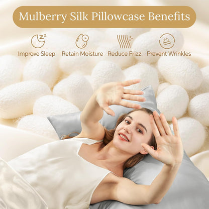Indulge in Luxury: Mulberry Silk Pillowcase for Hair & Skin - Ultra Soft, Cooling, and Stylish with Hidden Zipper (Light Grey, Standard 20x26 Inches)