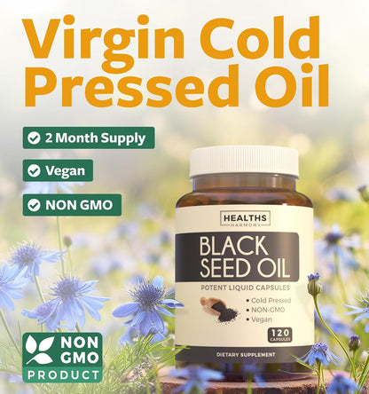 Premium Black Seed Oil Softgel Capsules - 120 Count for Radiant Skin Health (Non-GMO & Vegan) with Vitamin E - 500mg Each, 1000mg per 2 Capsule Serving