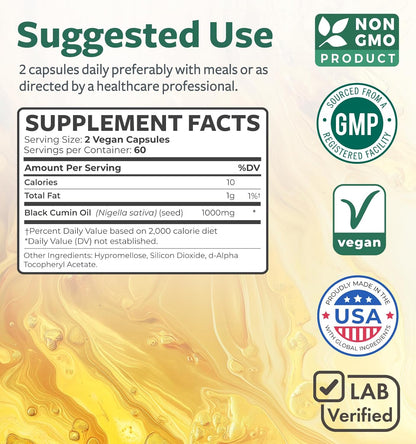 Premium Black Seed Oil Softgel Capsules - 120 Count for Radiant Skin Health (Non-GMO & Vegan) with Vitamin E - 500mg Each, 1000mg per 2 Capsule Serving