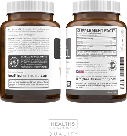 Premium Black Seed Oil Softgel Capsules - 120 Count for Radiant Skin Health (Non-GMO & Vegan) with Vitamin E - 500mg Each, 1000mg per 2 Capsule Serving