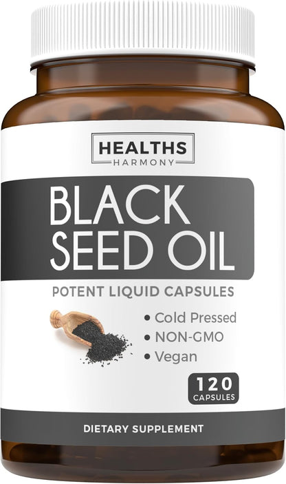 Premium Black Seed Oil Softgel Capsules - 120 Count for Radiant Skin Health (Non-GMO & Vegan) with Vitamin E - 500mg Each, 1000mg per 2 Capsule Serving