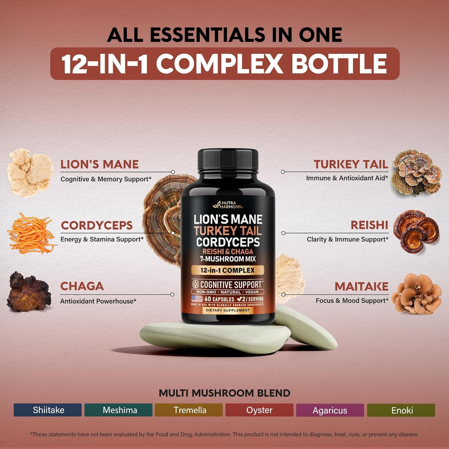 Unlock Your Health with Our Organic Mushroom Supplement - Featuring 12 Powerful Varieties for Enhanced Cognitive Function and Immune Support - Non-GMO & Gluten-Free - 60 Capsules