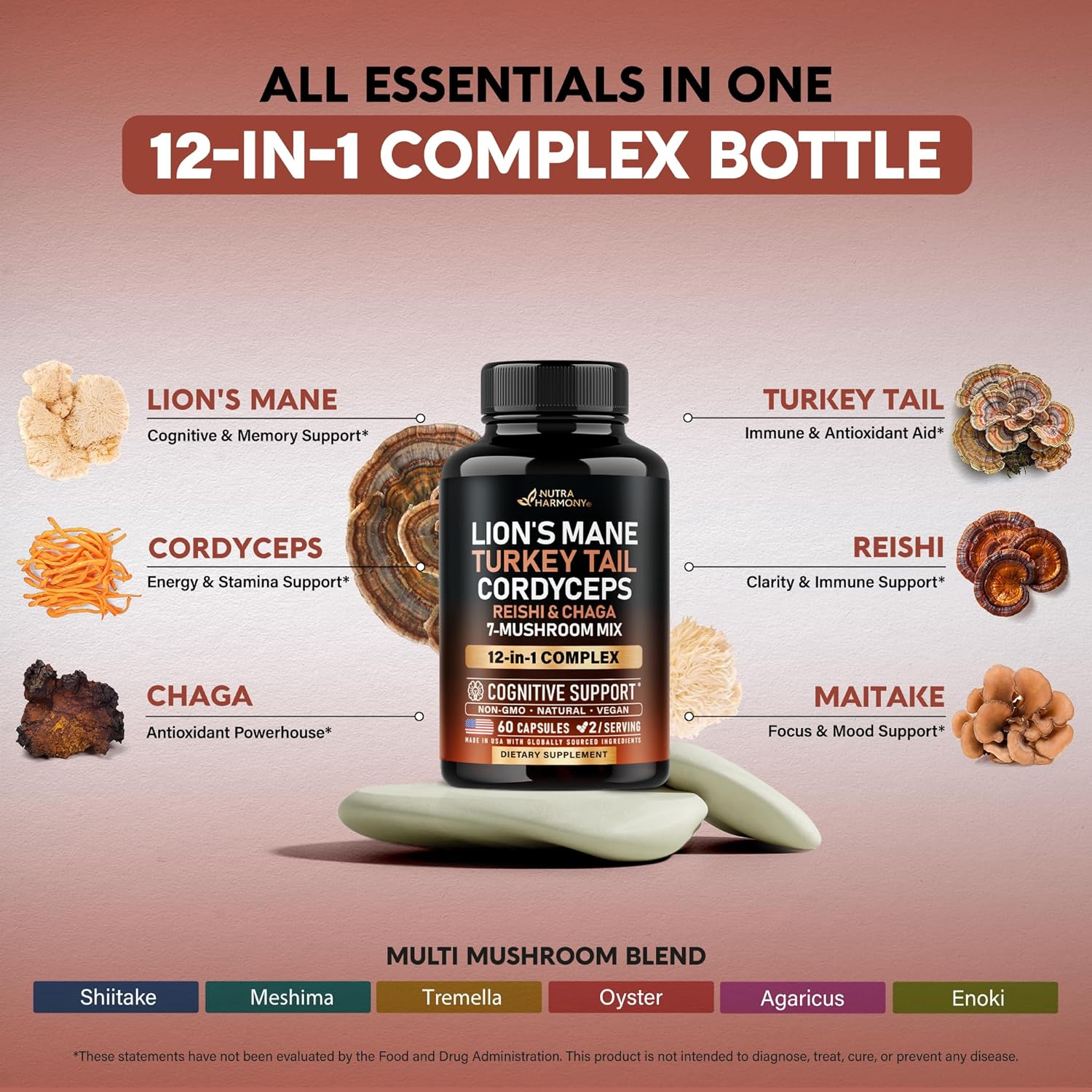 Unlock Your Health with Our Organic Mushroom Supplement - Featuring 12 Powerful Varieties for Enhanced Cognitive Function and Immune Support - Non-GMO & Gluten-Free - 60 Capsules