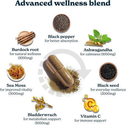 Ultimate Vitality Boost: 3000Mg Irish Sea Moss, 2000Mg Black Seed Oil & More - All-In-One Energy Support Supplement with 120 Capsules