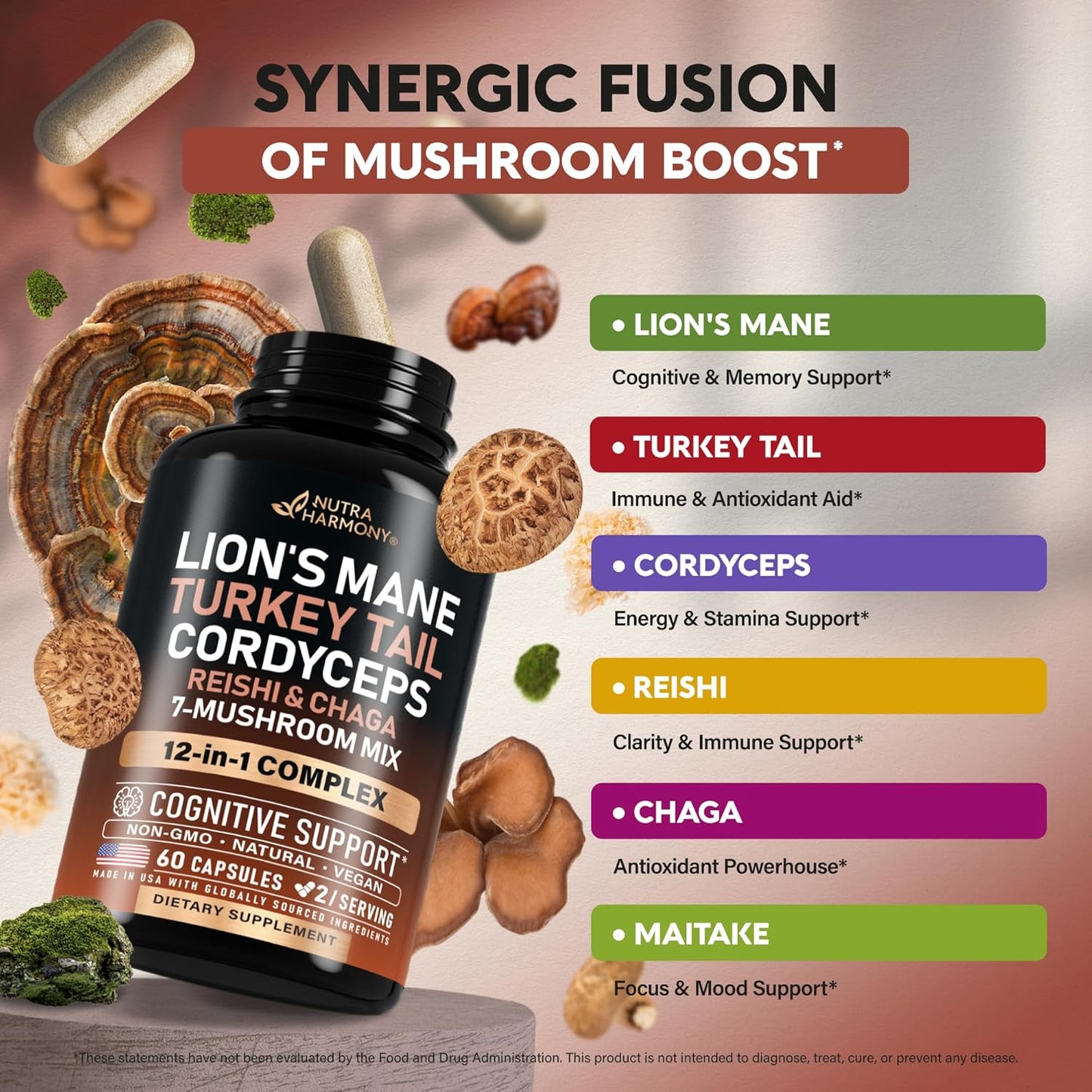 Unlock Your Health with Our Organic Mushroom Supplement - Featuring 12 Powerful Varieties for Enhanced Cognitive Function and Immune Support - Non-GMO & Gluten-Free - 60 Capsules