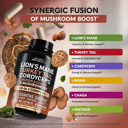 Unlock Your Health with Our Organic Mushroom Supplement - Featuring 12 Powerful Varieties for Enhanced Cognitive Function and Immune Support - Non-GMO & Gluten-Free - 60 Capsules