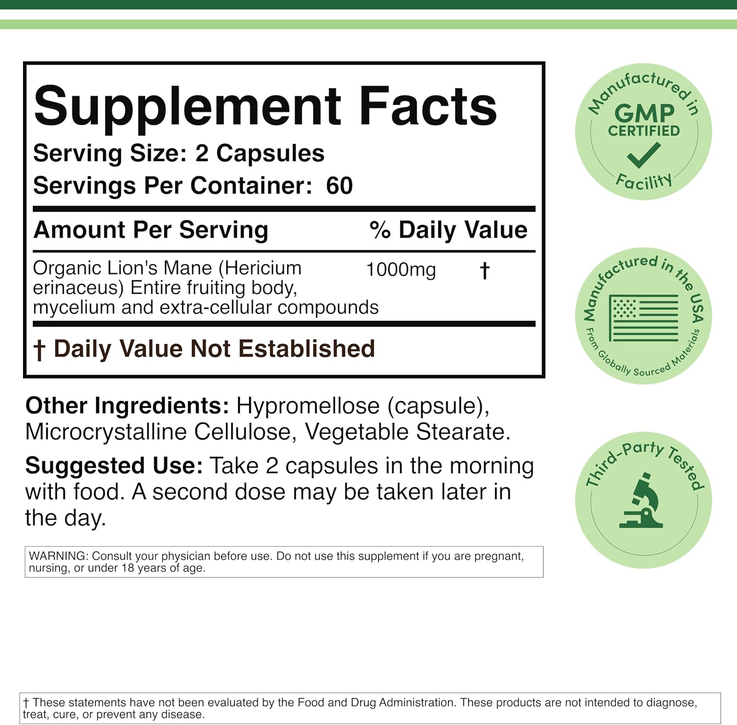 Unlock Your Potential with Organic Lion's Mane Mushroom Capsules - 120 Count for Enhanced Focus and Immune Support, Third Party Tested and Proudly Grown in the USA by Double Wood
