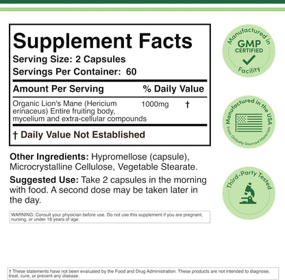 Unlock Your Potential with Organic Lion's Mane Mushroom Capsules - 120 Count for Enhanced Focus and Immune Support, Third Party Tested and Proudly Grown in the USA by Double Wood