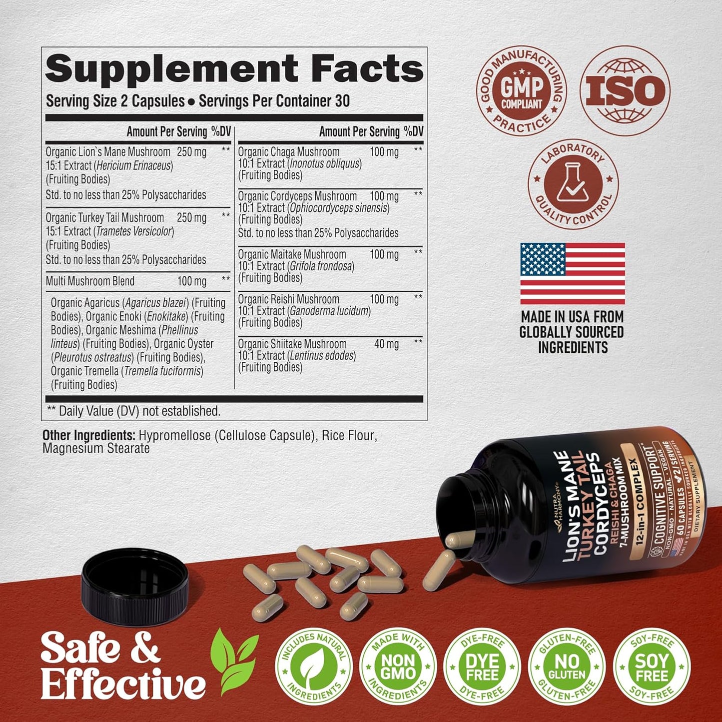 Unlock Your Health with Our Organic Mushroom Supplement - Featuring 12 Powerful Varieties for Enhanced Cognitive Function and Immune Support - Non-GMO & Gluten-Free - 60 Capsules