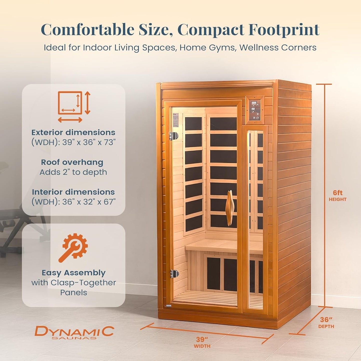 Experience Ultimate Relaxation: DYNAMIC SAUNAS Barcelona 1-2 Person Low EMF FAR Infrared Sauna with Red Light Therapy & Bluetooth Speakers - Perfect for Home & Gym, Crafted from Premium Canadian Hemlock