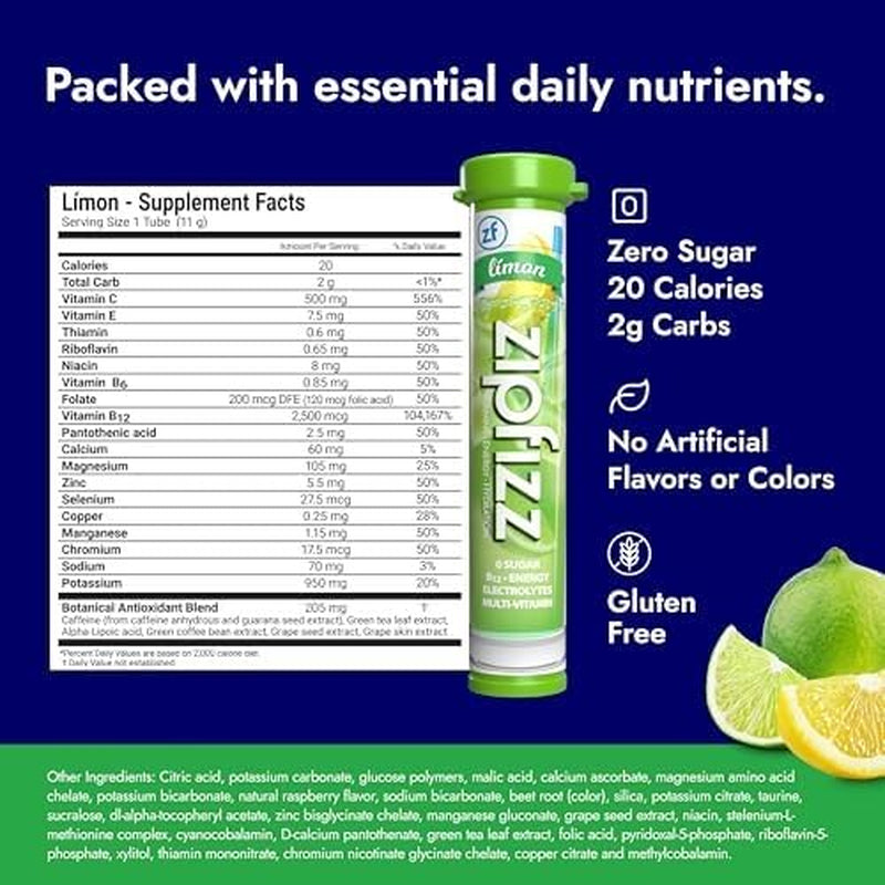 Daily Energy Drink Powder, Limon, 20 Pack | 3-In-1 Sustained Energy, Rapid Hydration, and Essential Vitamins | Sugar-Free | Electrolyte Powder | Contains Vitamin B-12 & Antioxidants