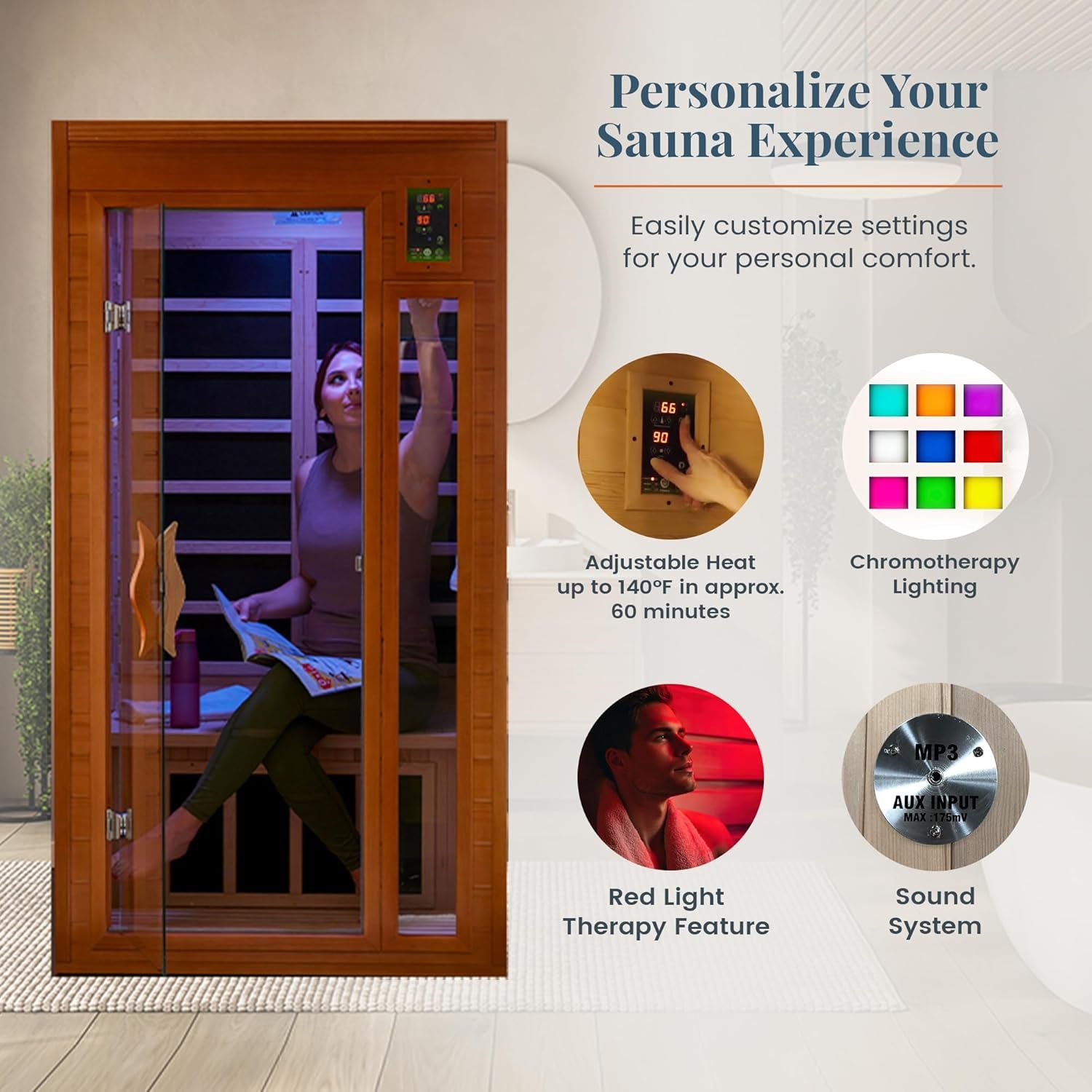 Experience Ultimate Relaxation: DYNAMIC SAUNAS Barcelona 1-2 Person Low EMF FAR Infrared Sauna with Red Light Therapy & Bluetooth Speakers - Perfect for Home & Gym, Crafted from Premium Canadian Hemlock