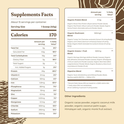 Transform Your Health with Creamy Cacao Organic Plant-Based Protein Powder - Infused with Brain-Boosting Mushrooms and Immune-Enhancing Adaptogens | 21.16 Oz
